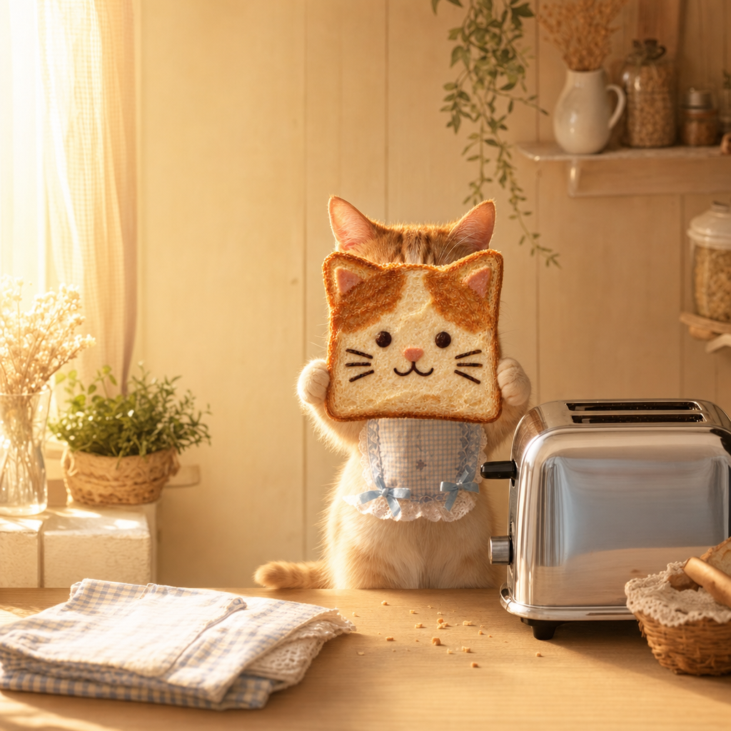 Meowst standing at a sunlit kitchen counter beside a chrome toaster, holding up a cat-faced slice of toast